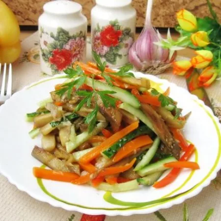 Meat salad with eggplant and pickles — recipe